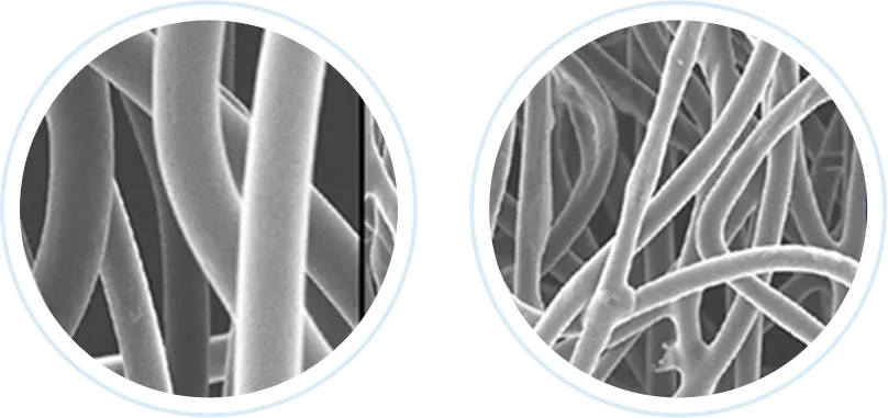 太い繊維（左）、細い繊維（右）の電子顕微鏡拡大図