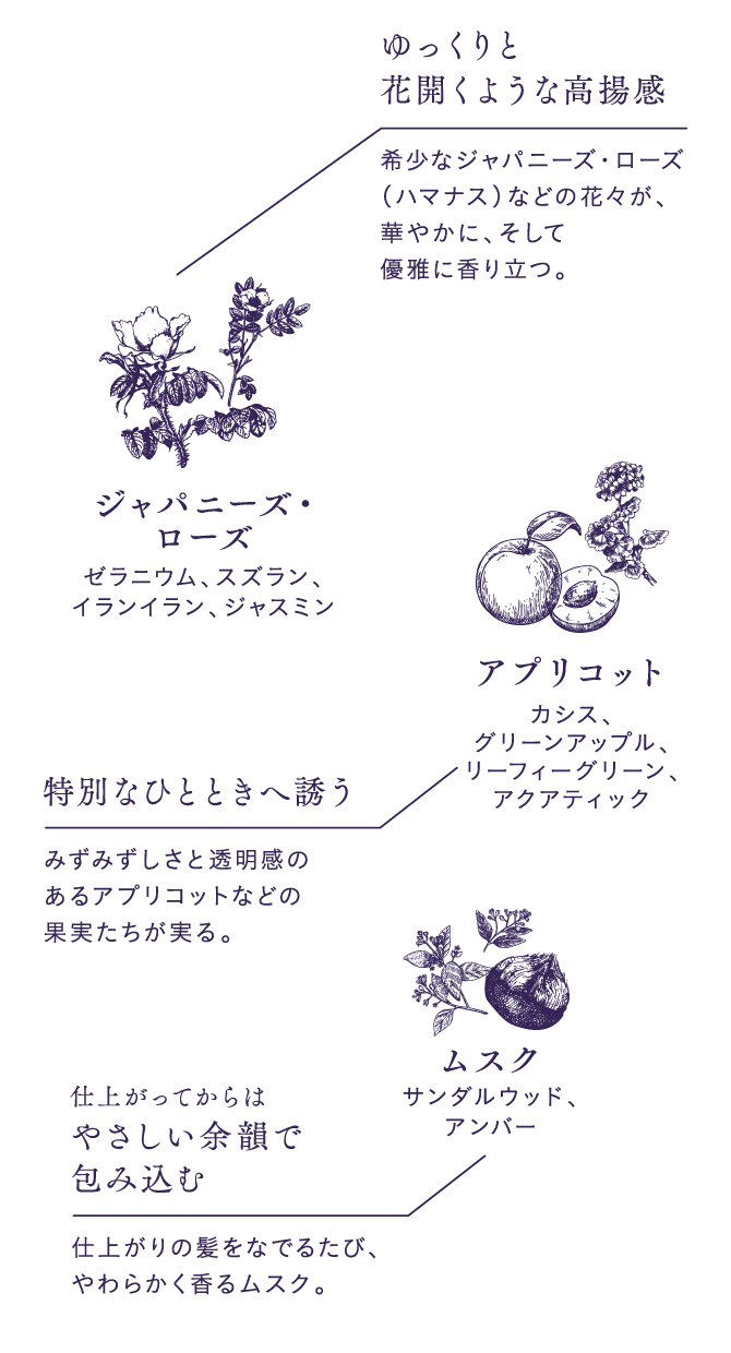 ゆっくりと花開くような高揚感(ジャパニーズローズ)、特別なひとときへ誘う(アプリコット)、仕上がってからはやさしい余韻で包み込む(ムスク)