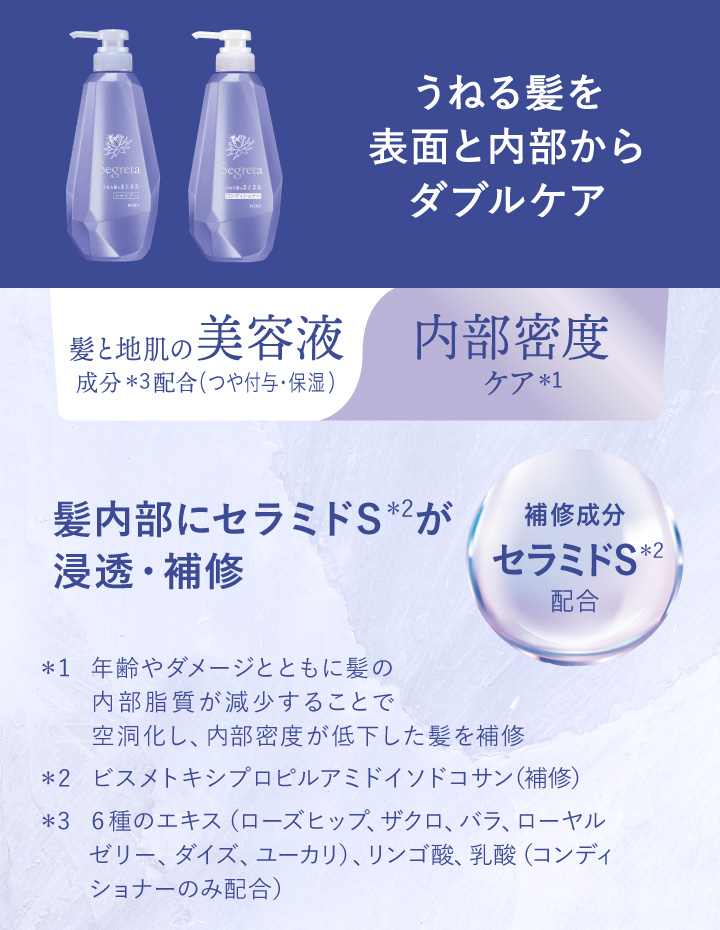 うねる髪を表面と内部からダブルケア 髪と地肌の美容液成分配合(つや付与・保湿)、内部密度ケア、髪内部にセラミドSが浸透・補修