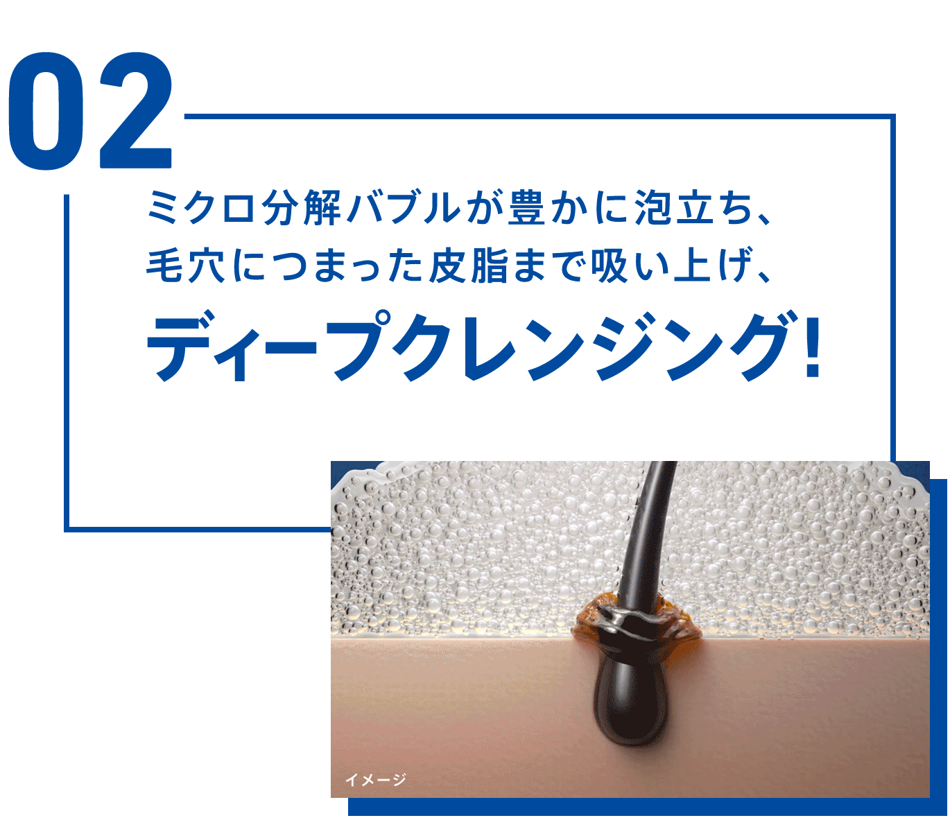 POINT02 ミクロ分解バブルが豊かに泡立ち、毛穴につまった皮脂まで吸い上げ、ディープクレンジング！